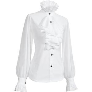 Womens Victorian Vintage Long Sleeve Shirt Ruffle Stand Collar Blouse Medieval Gothic Tops (Small, White)
