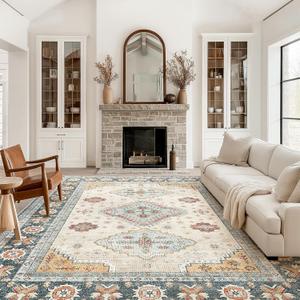 Area Rugs for Living Room 8x10 Machine Washable Rug, Vintage Large Floral Medallion Carpet for Bedroom Dining Room, Low Pile Lightweight Thin Chenille Non Slip Rug, Mutli