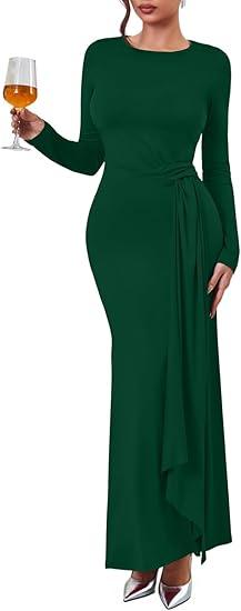 Sulozom Women's 2025 Fall Long Sleeve Bodycon Dress Crewneck Party Cocktail Wedding Guest Long Maxi Dresses, Green, Small