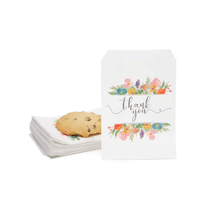 100 Pack Paper Cookie Bags - 7.5 x 5 Inch for Party Favors, Treats and Candy; Wedding Individual Bag with Floral Thank You Design & Mini Gift Pouch for Snacks and Goodies