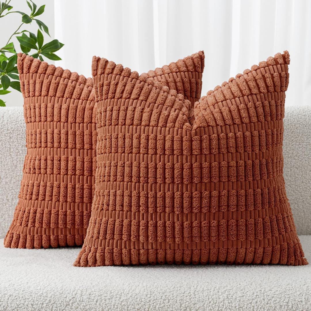 MIULEE Pack of 2 Dark Rust Corduroy Decorative Pillow Covers 18x18 Inch Soft Boho Striped Throw Pillow Covers Modern Farmhouse Home Decor for Summer Sofa Living Room Couch Bed