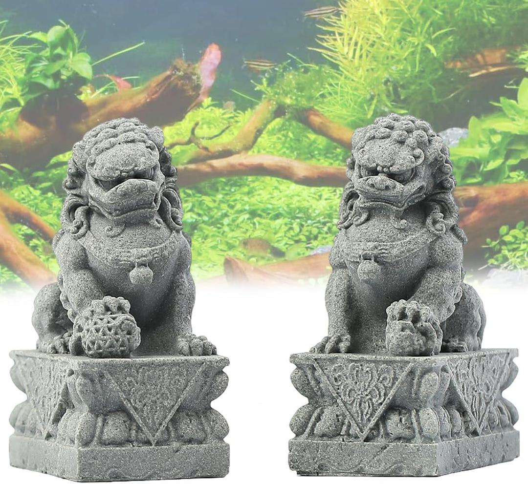 livelyfish Asian Fu Foo Dogs Pair of Two Guardian Lion Statues, Fish Tank Aquarium Sandstone Figurines Chinese Ornaments Feng Shui Decorations (M)