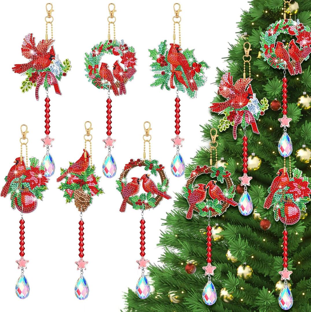 6 Pcs Christmas Diamond Art Kits Double Sided Cardinal Diamond Wind Chimes Art for Window Christmas Tree Decoration Cardinal Crystal Pendant Hanging Ornament Keychain for Adults DIY Crafts