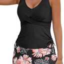 Aleumdr Women's Tankini Swimsuit Two Piece Tummy Control Bathing Suit Twist Front Swim Tank Top with Skirt (Floral Black, X-Large)