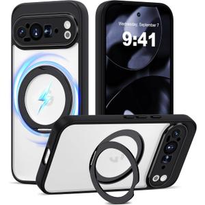 Compatible with Google Pixel 9 Pro XL Case with 360 Magnetic Ring Stand [Compatible with Mag-Safe ] Shockproof Translucent Phone Case for Google Pixel 9 Pro XL 6.8 inches,Black