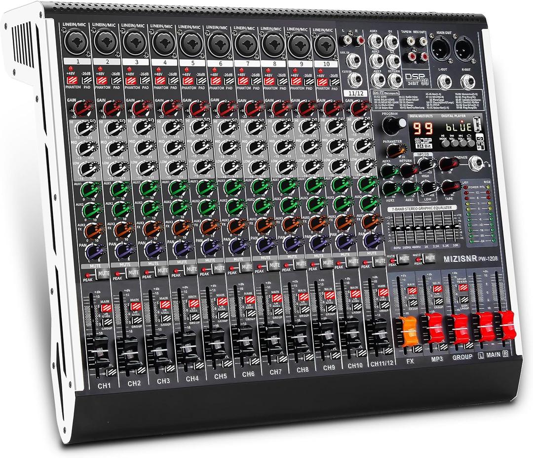 12 Channel Audio Mixer Professional Sound Mixing Board with 99 DSP Effects, 7-band EQ Digital DJ Mixer Console w/USB Bluetooth MP3 for Recording, Independent 48V Power & Mute Button