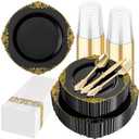 Hioasis 175pcs Black and Gold Plates - Black Party Plates for 25 Guest, Include 50 Heavy-duty Plates(20% Thicker Than Standard), 75 Cutlery Set, 25 Napkin, 25 Cups