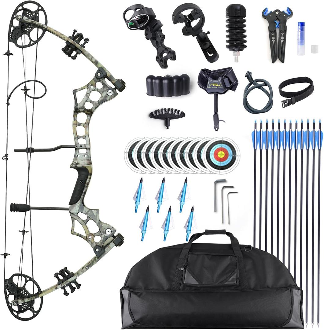 Compound Bow and Arrow Set Adult Archery Kit Adjustable Draw Weight 30-65LBS Beginner Shooting Outdoors Convenient to Carry for Travel and Hunting Complete Set (Camouflage)