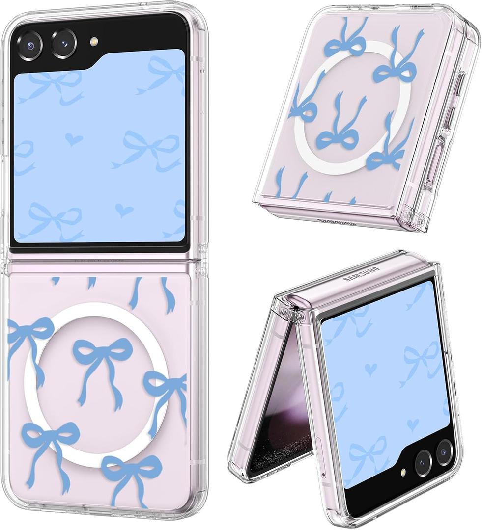UEEBAI Magnetic for Samsung Galaxy Z Flip 7 5G Case, Bow Case Compatible with MagSafe, Wireless Slim Clear Ribbon Aesthetic Cover Anti-Yellowing Shockproof Protective Cover for Women Girl - Baby Blue