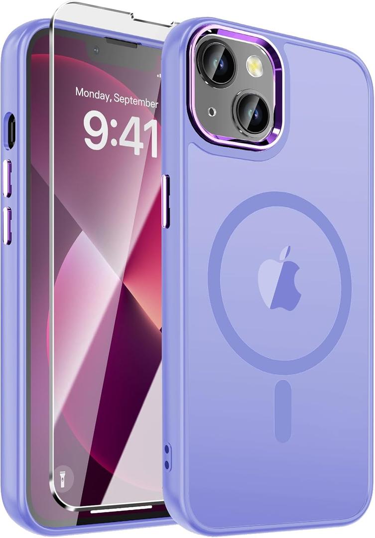 2 x WRJ Magnetic Case for iPhone 13,iPhone 14 Case with Screen Protector, Magnetic Translucent [Compatible with Magsafe] Slim Anti-Fingerprints Shockproof Protective Cover for Women Men-Light Purple