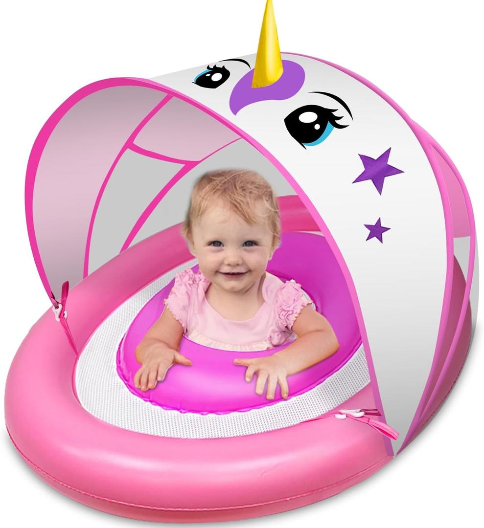 AMENON Unicorn Inflatable Baby Pool Float for Toddlers 6-36 Months with UPF50+ 4 Stage Adjustable Sun Canopy, Non-Flip Safety Seat, Dual Air Chambers, Infant Swim Training Float for Pool