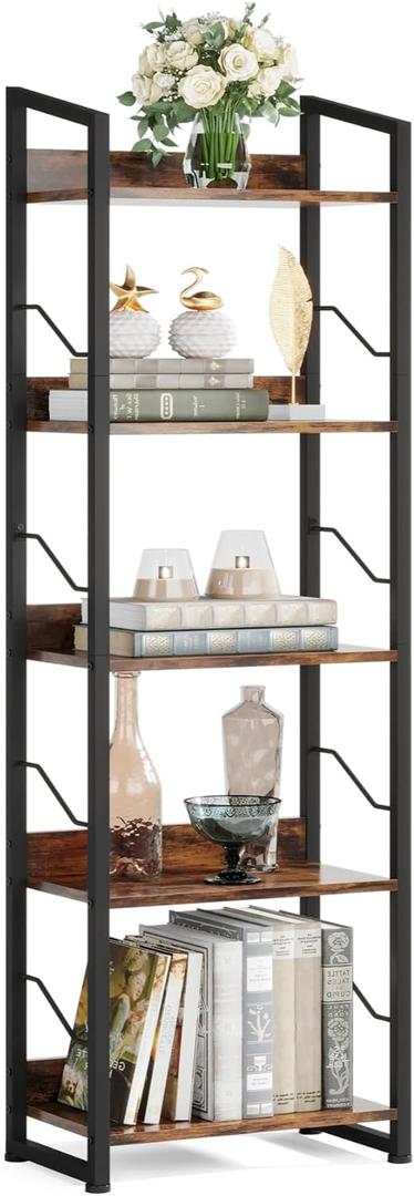 Hosfais 5 Tier Tall Bookshelf: Industrial Wood Book Shelf with Edge Protection Metal Narrow Bookshelf Bookcase Storage Organizer Display Rack for Living Room Home Office (Rustic Brown)