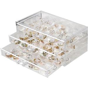 Earring Organizer Box Acrylic Stackable Jewelry Organizer with 3 Drawers 72 Small Compartments Clear Jewelry Display Stand for Stud Earring Ring Pin Display (Transparent)