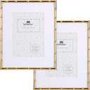 8x10'' Bamboo Detail Gold Metal Picture Frame with Acid Free Mat for 5x7'' Set of 2, Narrow Gold Plated Photo Frames 5 x7'' With Soft Touch Velvet Backing for Desktop and Wall Dcor(Dark Gold)