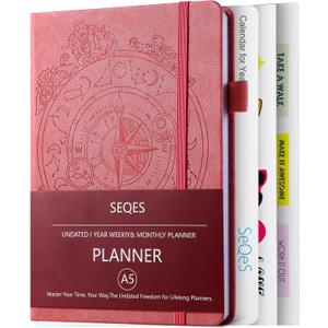 SEQES A5 Undated Planner- Leather Cover with goal tracker,full focus And habit To Increase Productivity organizer And Goal Setting & Reflection Journal | Weekly/Monthly Planner (pink)