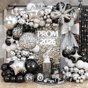 Prom Balloon Garland Arch Kit, Graduation Black Silver White Metallic Balloon Explosion Star 4D Disco Ball Foil Mylar Balloons for Class of 2026 Congrats Grad Prom Disco Birthday Party Decorations