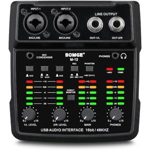 BOMGE M12 USB Audio Interface, 2-Channel Mixer, XLR/3.5mm Input, 48V Power Supply, Sound Card for PC Recording, Studio, Live Show, Karaoke, Plug & Play