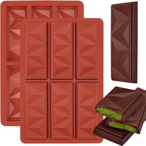 Chocolate Bar Molds Silicone Non Stick 2 Pack,Deep Dubai Granola Candy Stuffed Bar Mold for Filling Knafeh Pistachio Chocolate Bar (Triangle Shapes) (6 Squares Triangle, Brown Red2 pcs)
