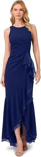 Adrianna Papell Women's Ruffle Crepe Halter Gown (8, Navy Sateen)