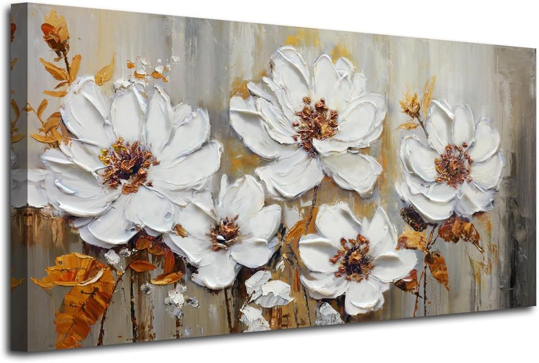 Acocifi Textured Floral Wall Art Canvas Art Wall Decor, Large Living Room Bedroom, Vintage White Floral Painting Picture Artwork for Dining Room Office Home Decor 40"x20"