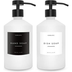 Luxury Glass Soap Dispenser Set of 2 - Elegant Aesthetic White Glass Bottles with Modern Matte Black Stainless Steel Pumps, Ideal for Kitchen, Bathroom, Hand Soap, Dish Soap, and More.