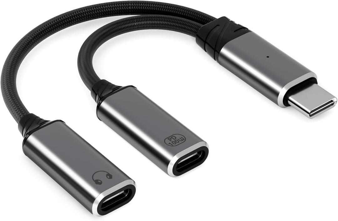 USB C Splitter2 in 1 USB C Headphone and Charger Adapter Audio Dongle Cable with PD 100W for iPhone 16 15 Pro Max, Pixel 9 8 7, Galaxy S24 S23 S22, iPad Pro (Grey)