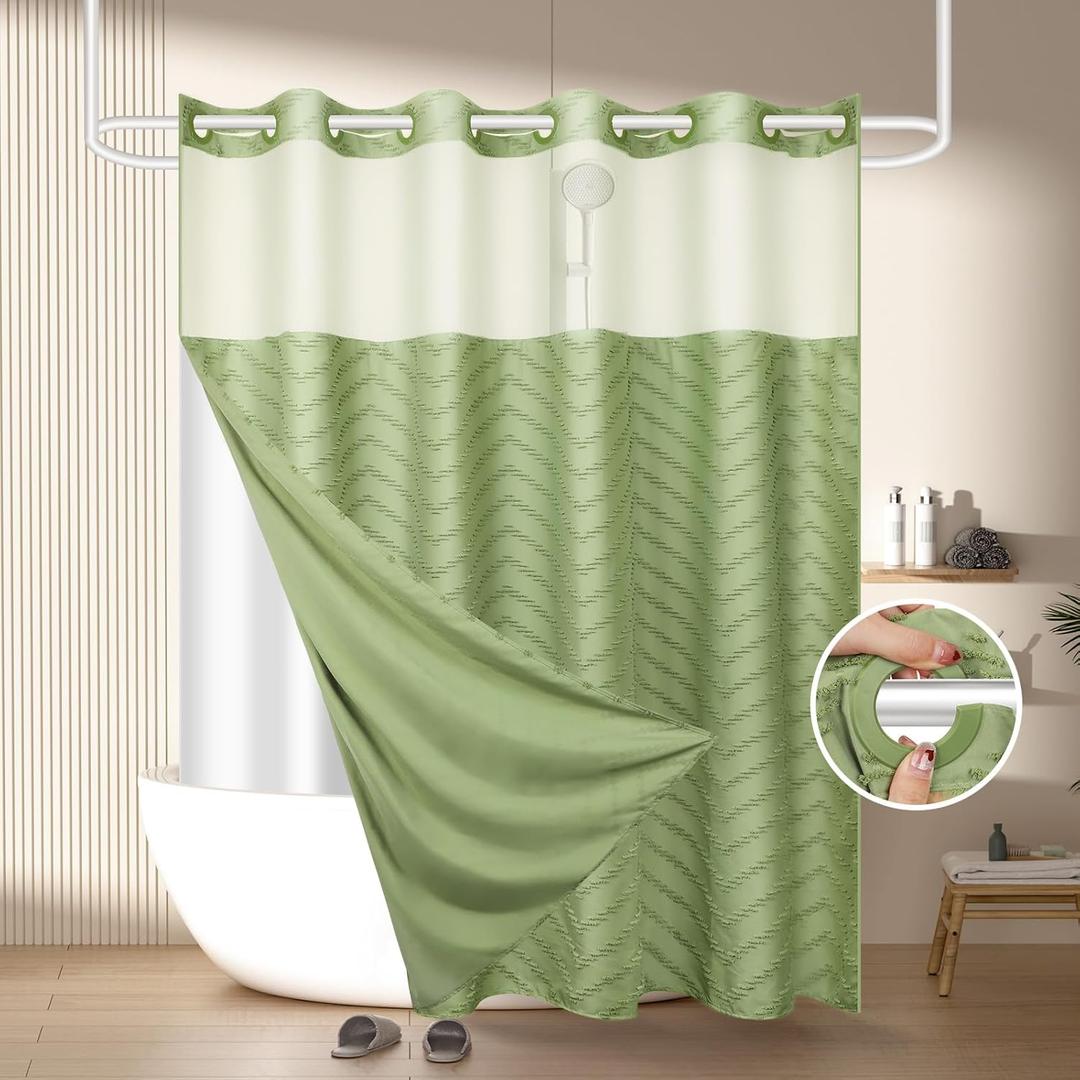 No Hook Shower Curtain and Snap in Liner Set Sage Green Tufted Chevron Striped Cloth Waterproof Washable Fabric Boho Bath Curtain with See Through Mesh Top Window for Bathroom Hotel 71" x 74"