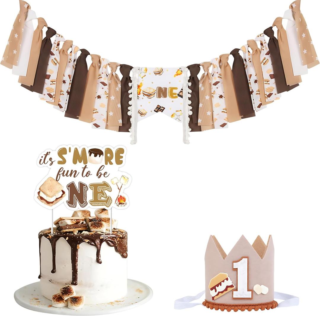 SMore 1st Birthday Party Decorations Brown, SMore One High Chair Banner First Birthday Hat/Crown Cake Topper, One Year Old Party Supplies Photo Prop