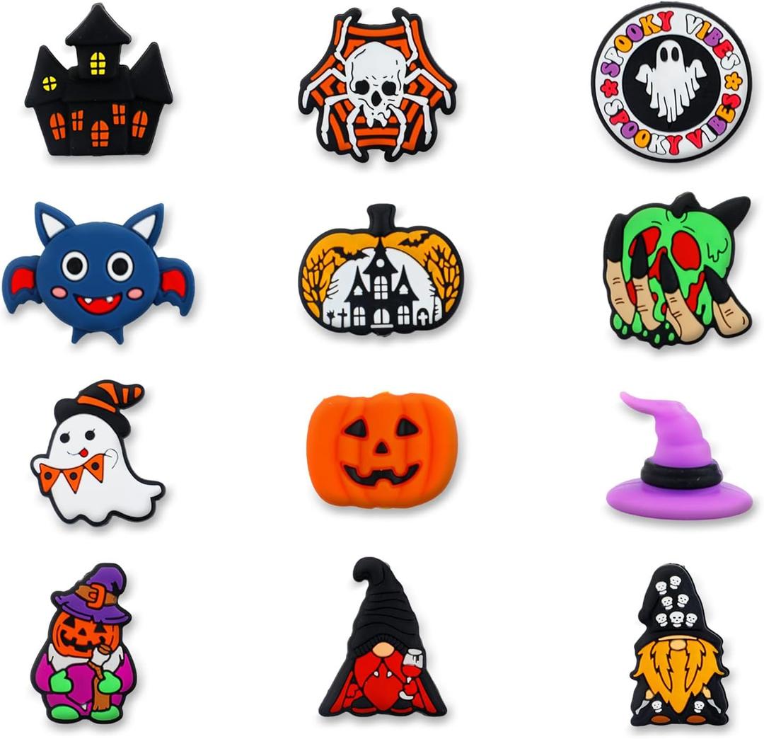 12 Pcs Halloween Theme Silicone Focal Beads for Pens, 12 Styles Halloween Pumpkin Pen Charms, Cute Silicone Charms for Gift Making, Keychain DIY, Bracelet Necklace Jewelry Supplies