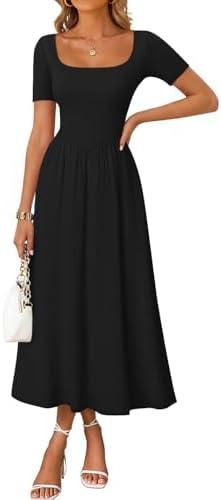 ZESICA Summer Dresses for Women 2026 Elegant Classy Square Neck Short Sleeve Flowy Cocktail Party Midi Dress 2XL