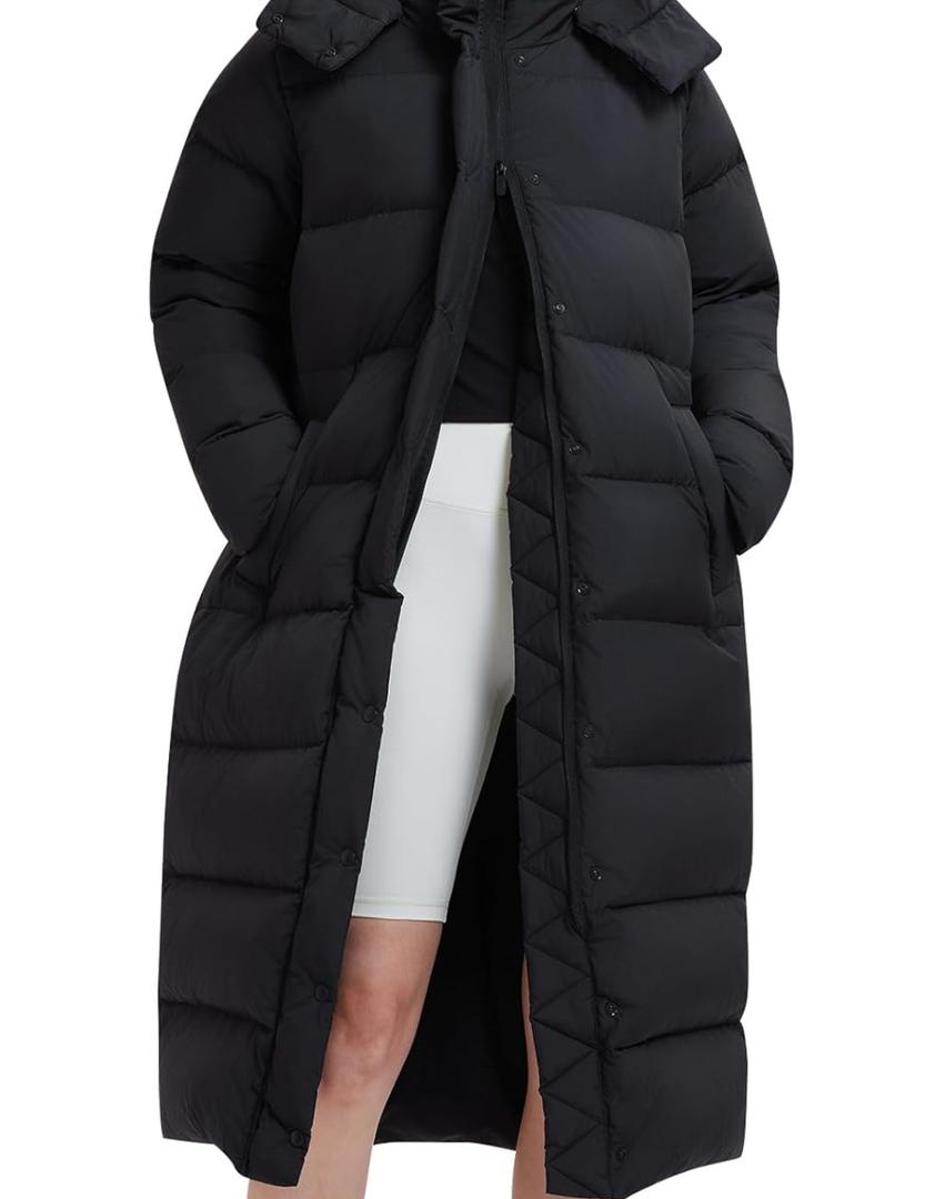 Women's 800FP Long Down Puffer Coat with Cinched Waist, Water-Resistant Winter Jacket with Removable Hood for Outdoor,M