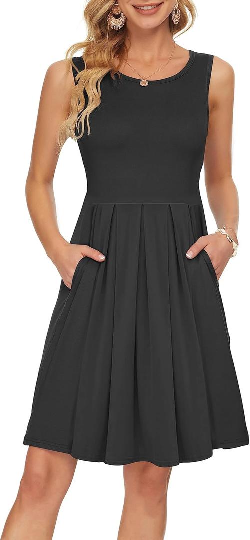AUSELILY Women's Sleeveless Dresses for Women 2025 Pleated Loose Swing Knee Length Dress with Pockets (Black, XXL)