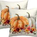 Kawani Orange White Pumpkin Flower Leaf Throw Pillow Cover 18x18 Inch Pack of 2 Fall Thanksgiving Cushion Pillow Case Square Autumn Flowers Pillowcase for Party Bed Sofa Home Car Bedroom Outdoor