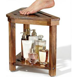 Acacia Wood Shower Stool for Shaving Legs, Shower Foot Rest with Storage Shelf for Inside Small Shower Spaces, Waterproof Shower Foot Stool for Inside Shower, Corner Bath Shower Bench