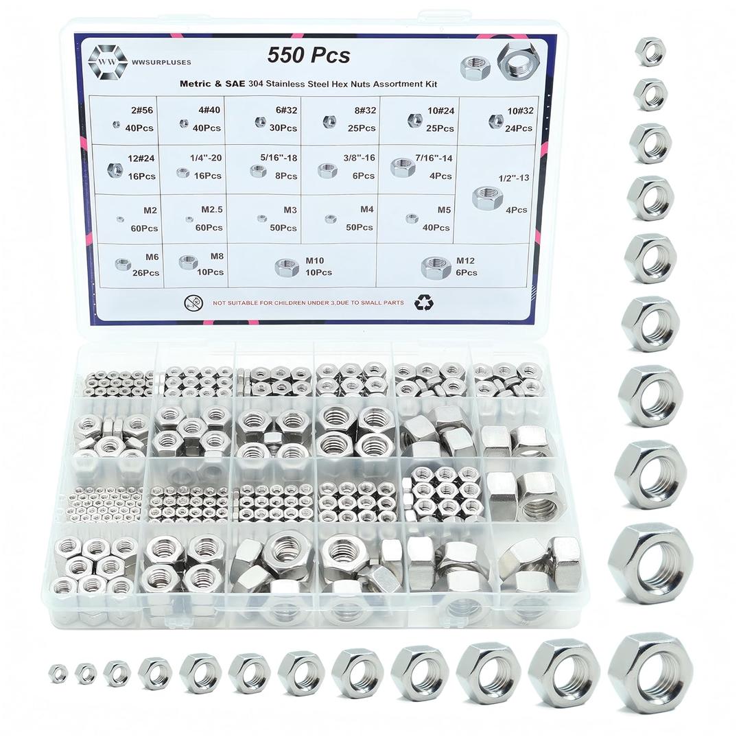 550 Pack SAE & Metric Hex Nut Assortment Kit, 2#56 4#40 6#32 8#32 10#24 10#32 12#24 1/4-20 5/16-18 3/8-16 7/16-14 1/2-13 M2 M2.5 M3 M4 M5 M6 M8 M10 M12 304 Standard Hardware Nuts