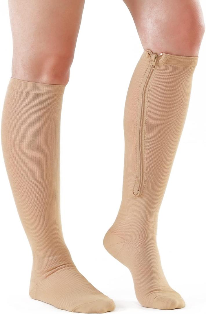 2 Pairs Medical Zipper Compression Socks 15-20mmHg for Women&Men, Knee High Compression Stockings (Large, Beige)