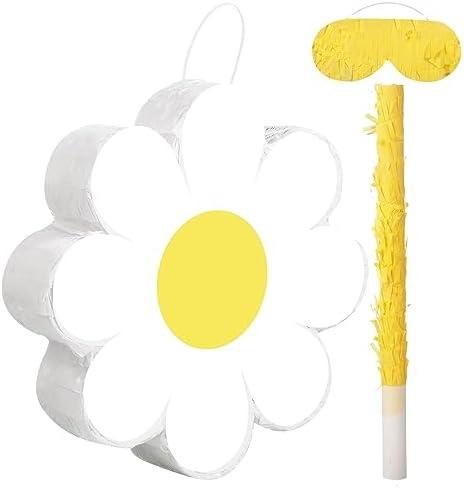Aoriher Daisy Flower Piñata Set Include Bat Blindfold Confetti Tassel Flower Piñata Daisy Hippie Boho Groovy Party Decorations for Birthday Baby Shower Gender Reveal Wedding Floral Party Supplies White