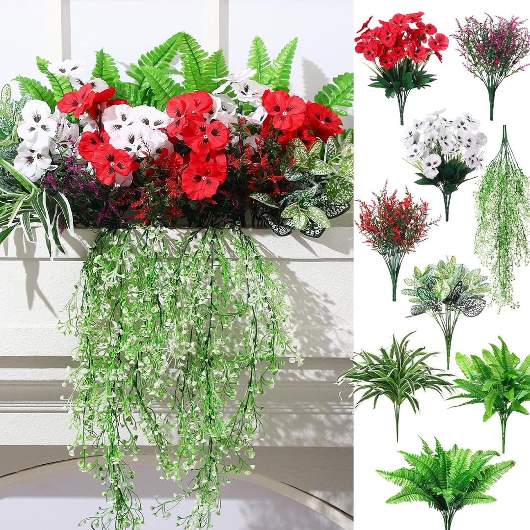 Daifunli 24 Pcs Artificial Plants for Outdoor, Fake Flowers Greenery UV Resistant Faux Plant Stems Shrubs Hanging Porch Patio Garden Window Box Home Wedding Summer Spring Decor(Green Red)