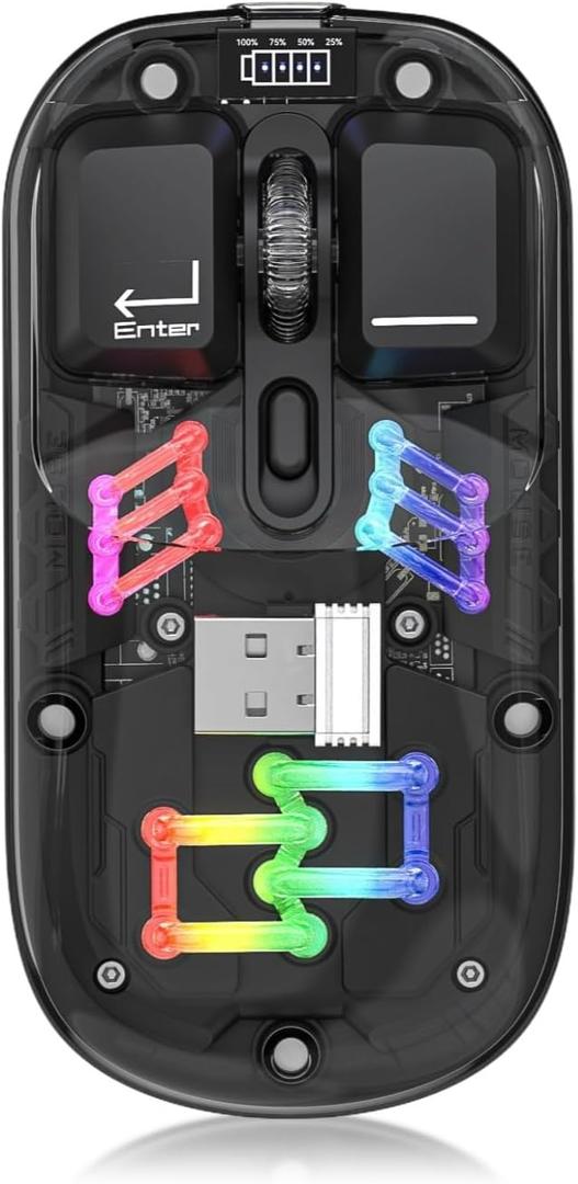 Diyeeni RGB Mouse Transparent, Mouse Rechargeable, Noiseless Computer Mouse with USB Receiver, 1600 Adjustable DPI Optical Cordless Computer Mouse (Black)
