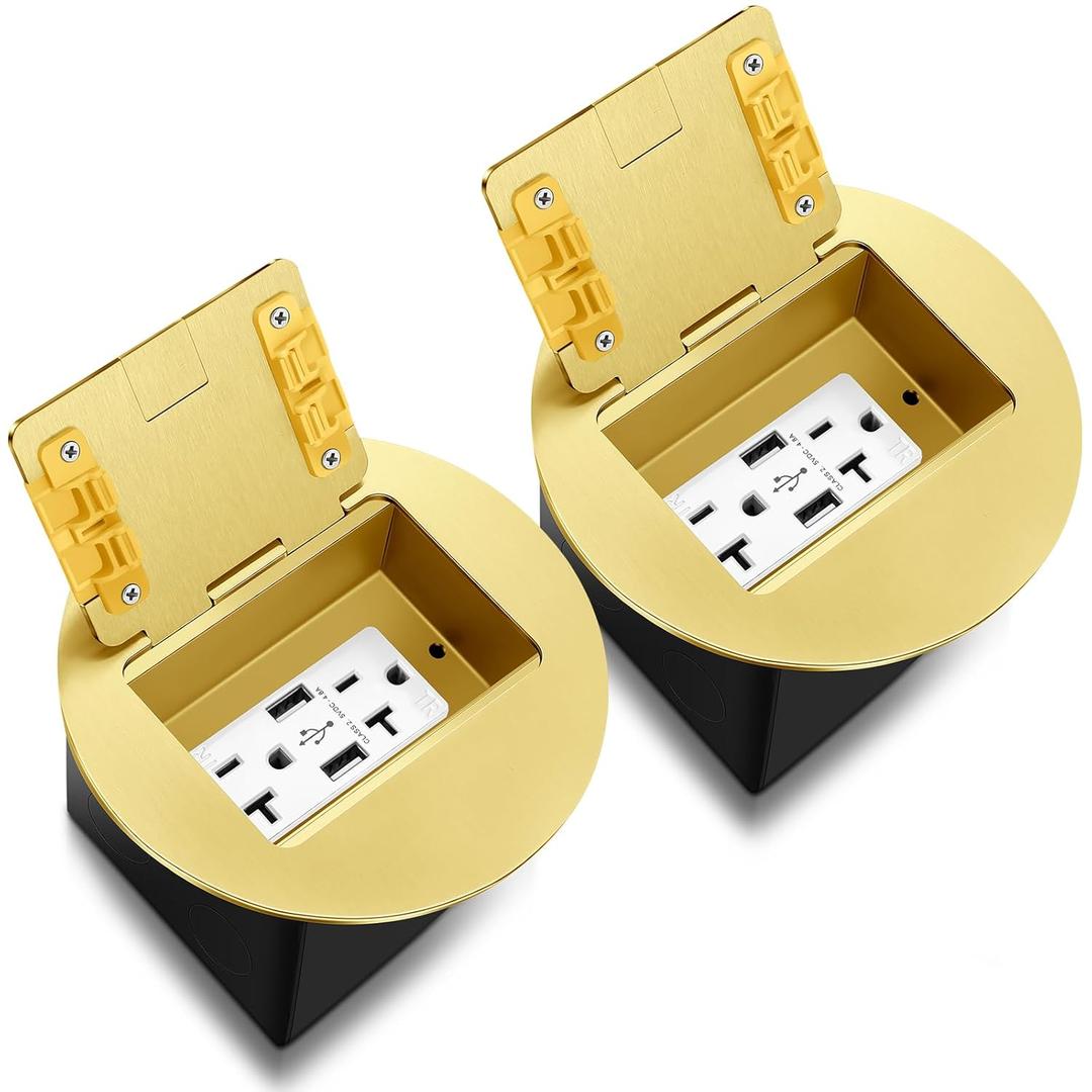 Kanayu 2 Pack Gold Recessed Floor Outlet, 3.98"x 3.66" x 3.15" 1-Gang, Round Receptacles Duplex with 4.8A USB Chargers 20A TR Device and Adjustable Steel Box, Electrical Outlet Kit, Etl Listed