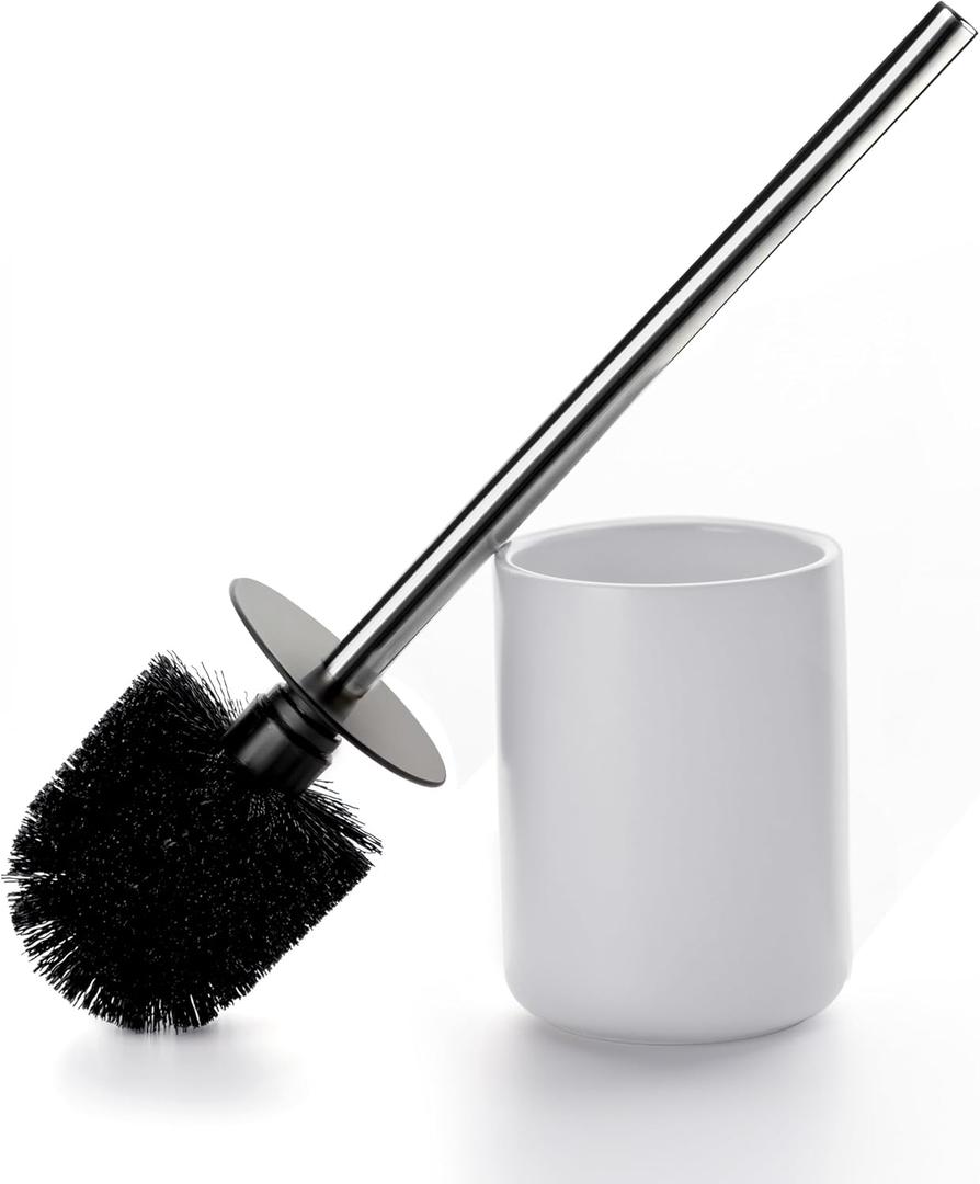 Ceramic Toilet Brush & Holder Set - Freestanding Deep-Cleaning Toilet Bowl Cleaner Brush, Stainless Steel Handle, Small & Sturdy for Storage, Easy to Clean, Non-Scratching (Matt White)