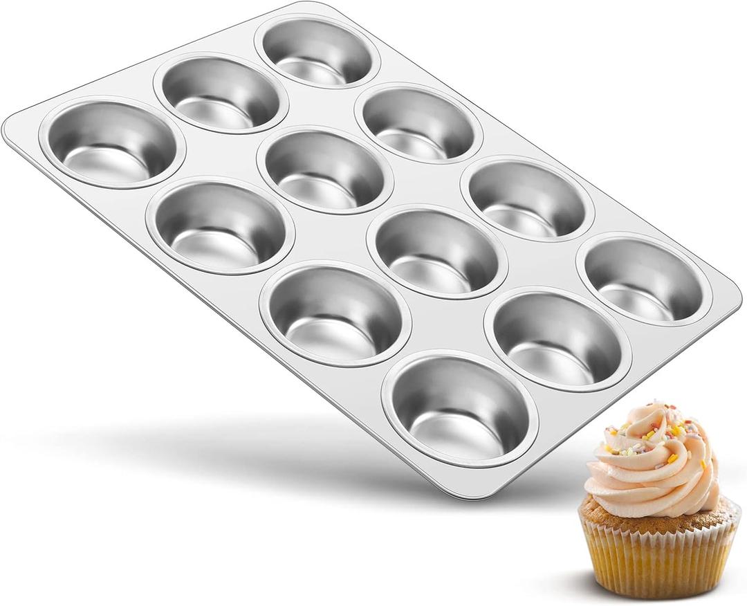 TeamFar 12-Cup Muffin Pan, Stainless Steel Muffin Tin Metal Cupcake Baking Pan for Oven, Regular Size & Non Toxic, Easy Clean & Dishwasher Safe (Silver)