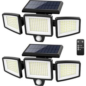 Tuffenough Solar Outdoor Lights 2500LM 210 LED Security Lights with Remote Control,3 Heads Motion Sensor Lights, IP65 Waterproof,270° Wide Angle Flood Wall Lights with 3 Modes(2 Packs)