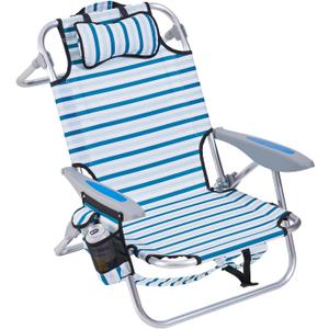 Portable Beach Chair for Adults, Outdoor Camping Chair Lay Flat Folding Backpack Beach Reclining Chair with 5 Positions, Headrest, Cup Holder, Heavy White Striped
