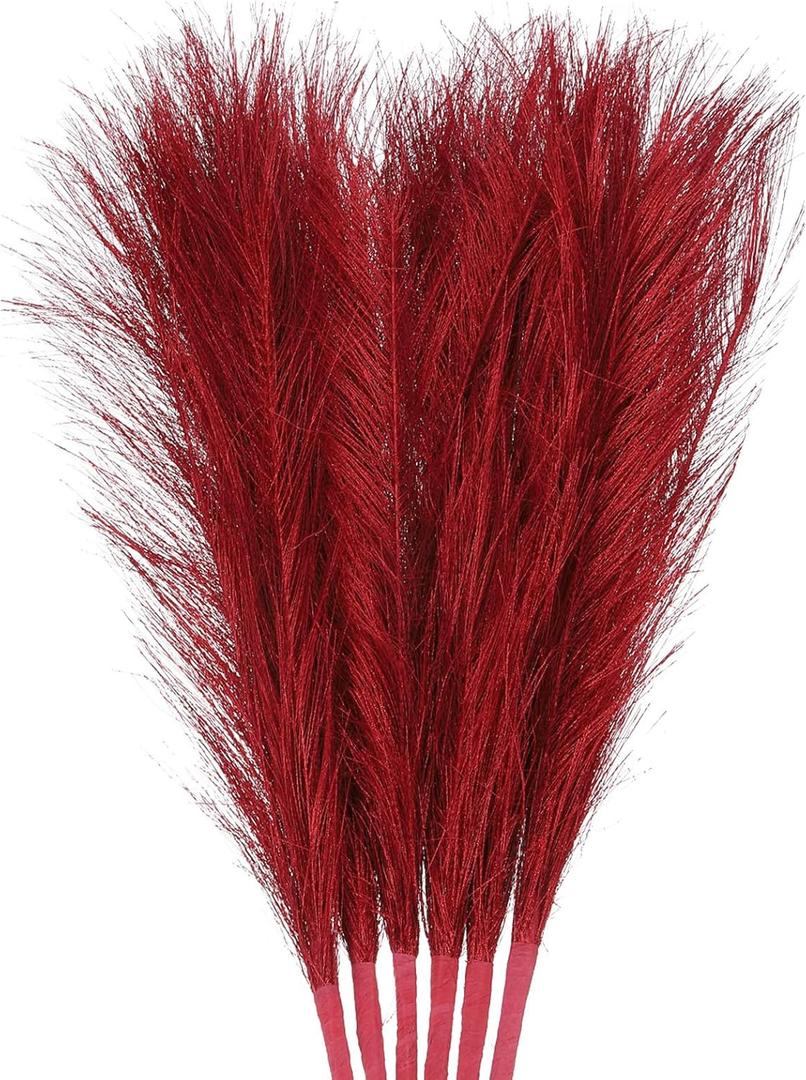 uxcell 6Pcs Faux Pampas Grass Small 45cm/17.7" Fake Fluffy Pampas Grass 7 Branches Artificial Vase Filler for Home Office Vase Wedding Decoration Red
