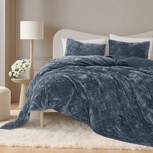 Velvet Quilt Set King Size, Ultra Soft Luxury Lightweight Summer Velvet Comforter Set, Oversized Bedspread Coverlet with 2 Shams Geometries Pattern,for All Season(Stormy Blue, King)