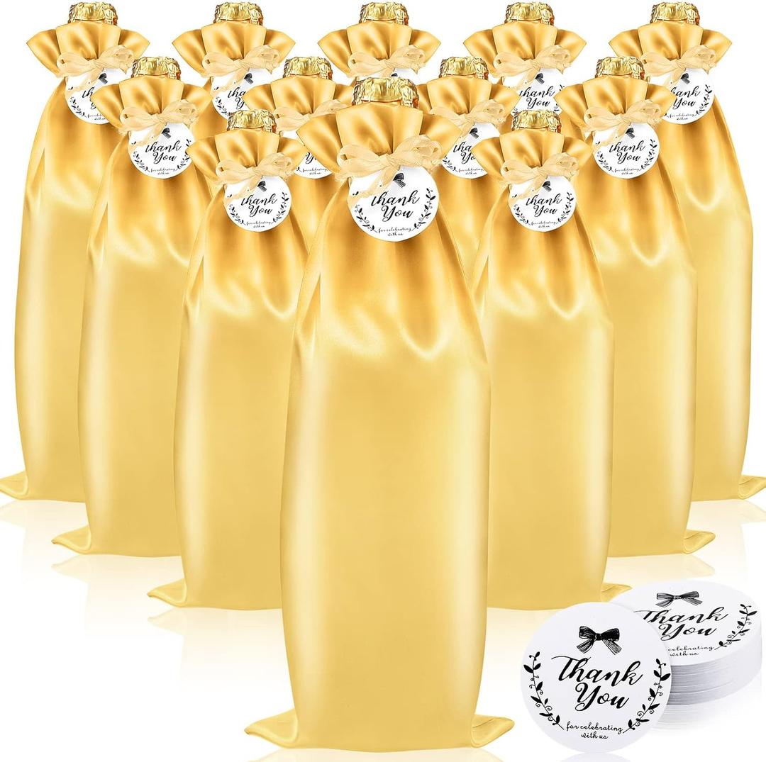 Shappy 12 Pcs Yellow Satin Wine Gift Bags with Drawstrings and Tags, Wine Bottle Bags Covers Reusable for Holiday Party Supplies