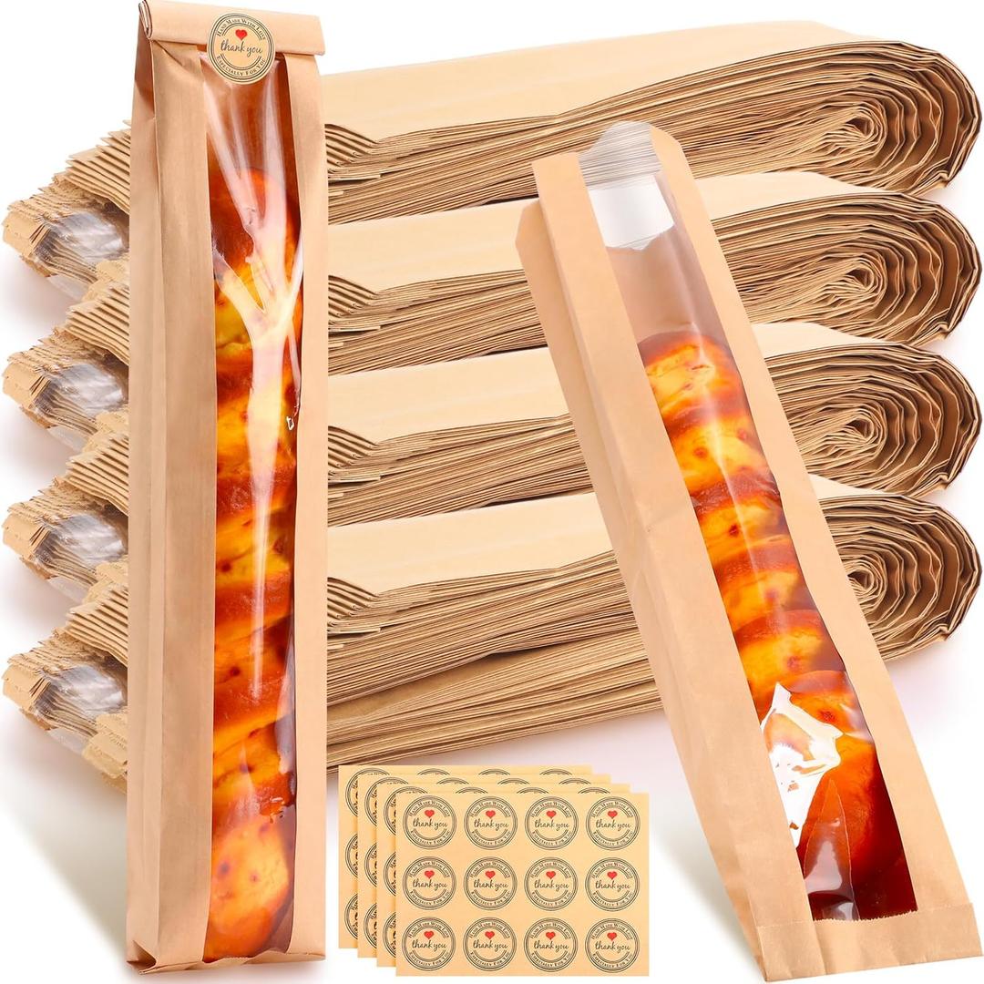 Qilery 240 Sets Baguette Bag Paper Bakery Bread Bag with Window 3.54 x 1.8 x 23.6 Inch Homemade Fresh Sourdough Front Clear Packing Bags with Label Sealing Sticker for French Loaf Storage