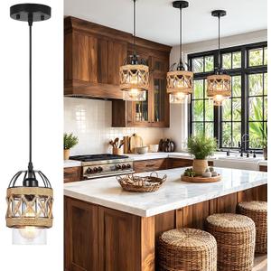 Black Farmhouse Boho Kitchen Island Pendant Light,Hand-Woven Rattan Pendant Lighting with Metal Cage Clear Glass Shade,Coastal Wicker Small Hanging Light Fixture Bedroom Dining Room Decor