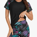 Bonneuitbebe Women's 2 Piece Rash Guard Short Sleeve UPF 50+ Swim Shirt Built in Bra Bathing Suit with Boyshorts Bottoms, L